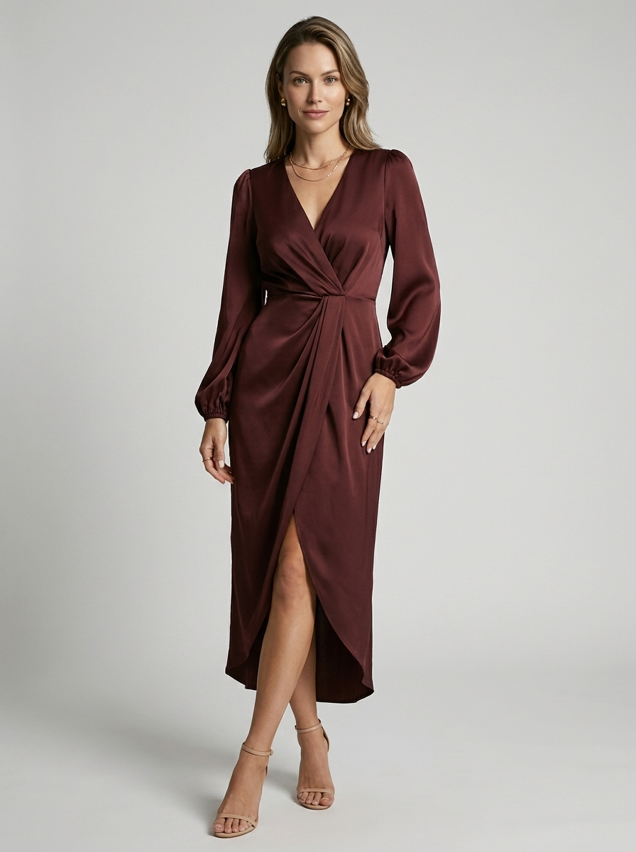 Arabella | Elegant Midikjole Med V-Udskæring & Draperet Slids