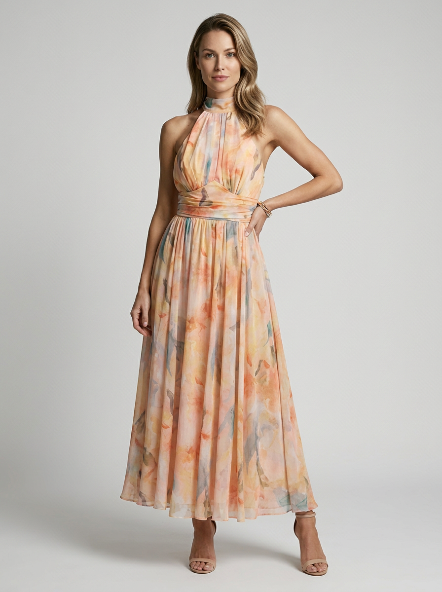 Elise | Halterneck Midikjole Med Blomstret Print
