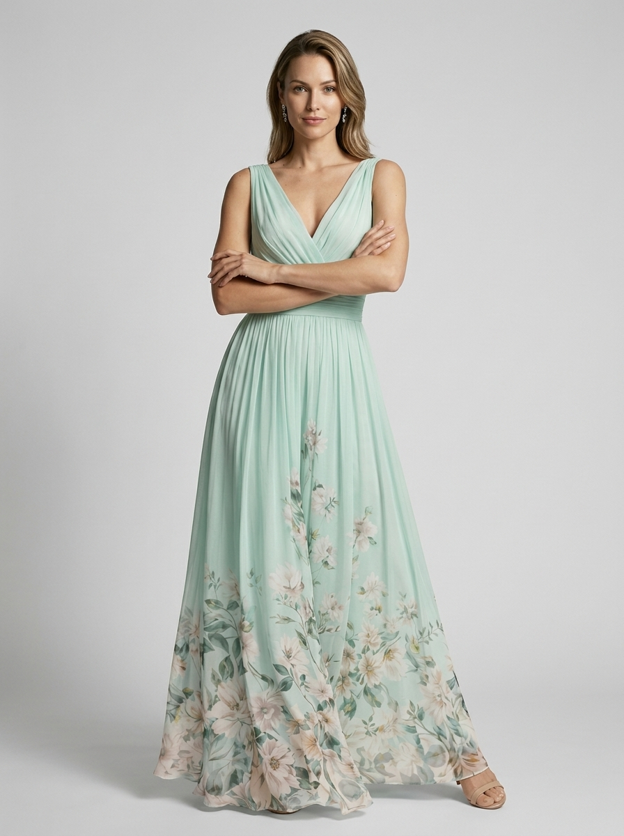 Jade | Blomstret Maxikjole Med Elegant V-Udskæring