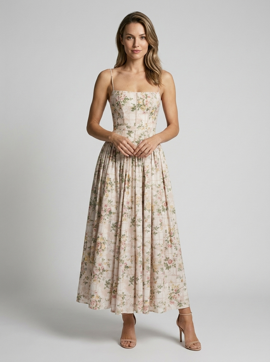 Celeste | Floral Midi Dress with Corset-Inspired Fit