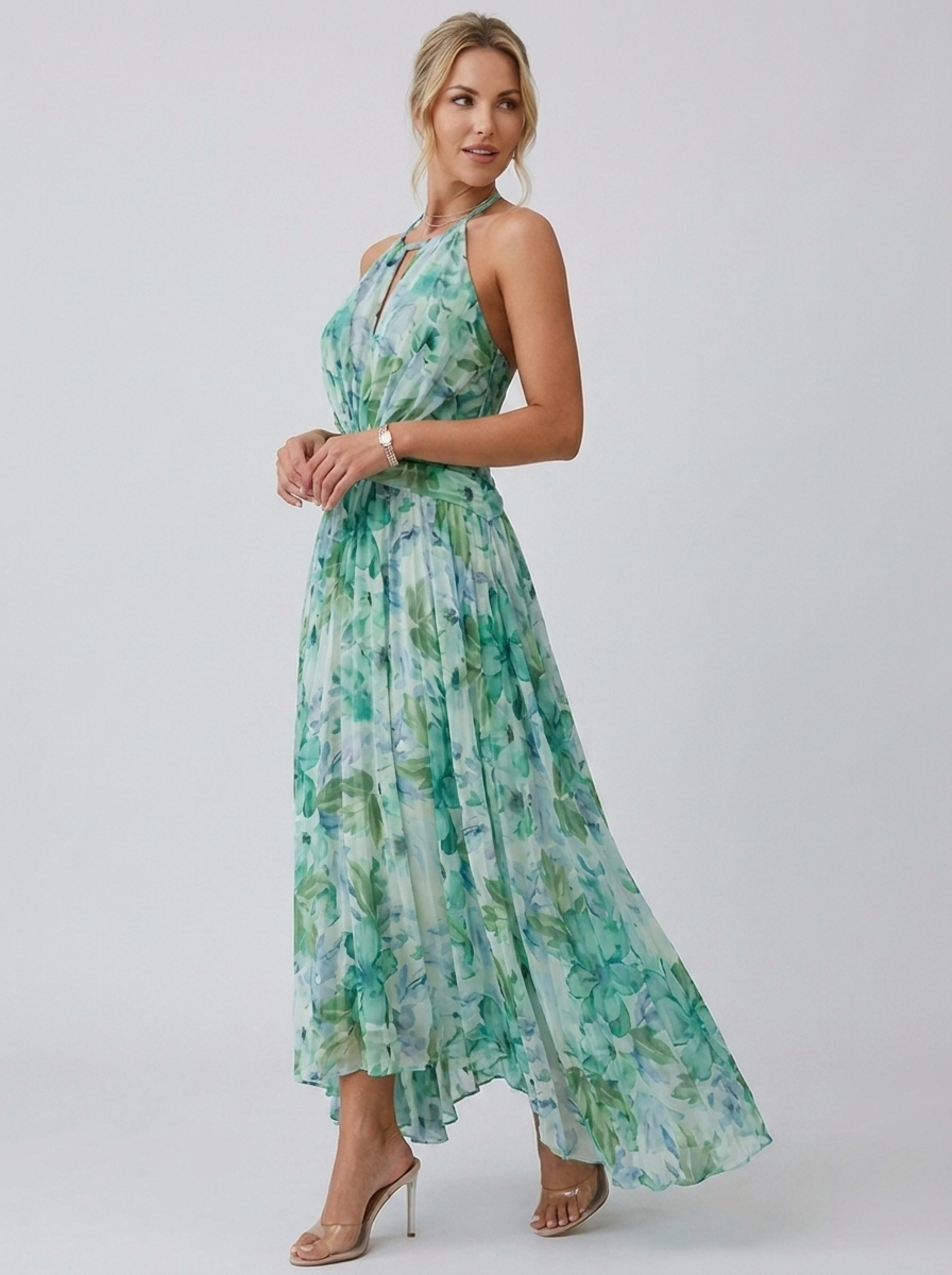 Julia | Plisseret Midikjole Med Halterneck Og Blomsterprint