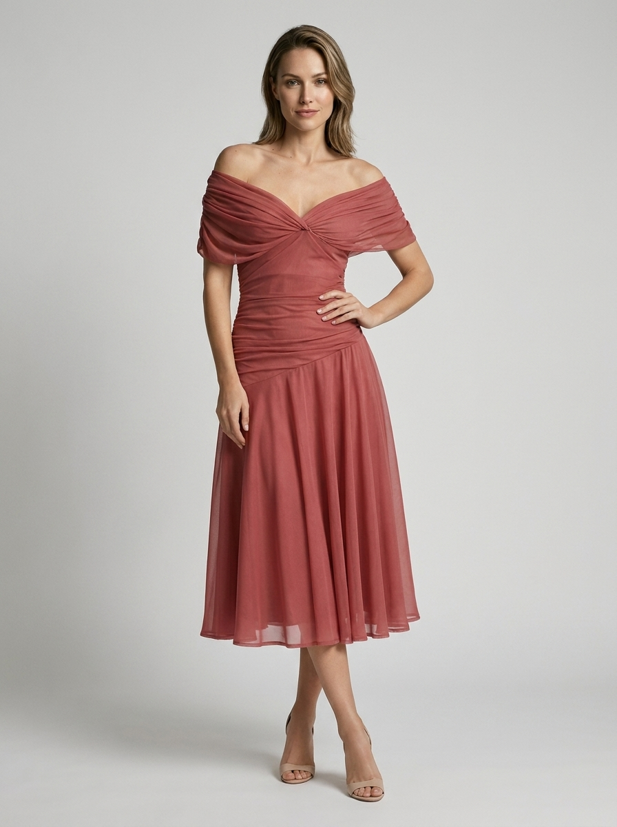 Aurelia | Off-Shoulder Midi Kjole Med Elegant Drapering