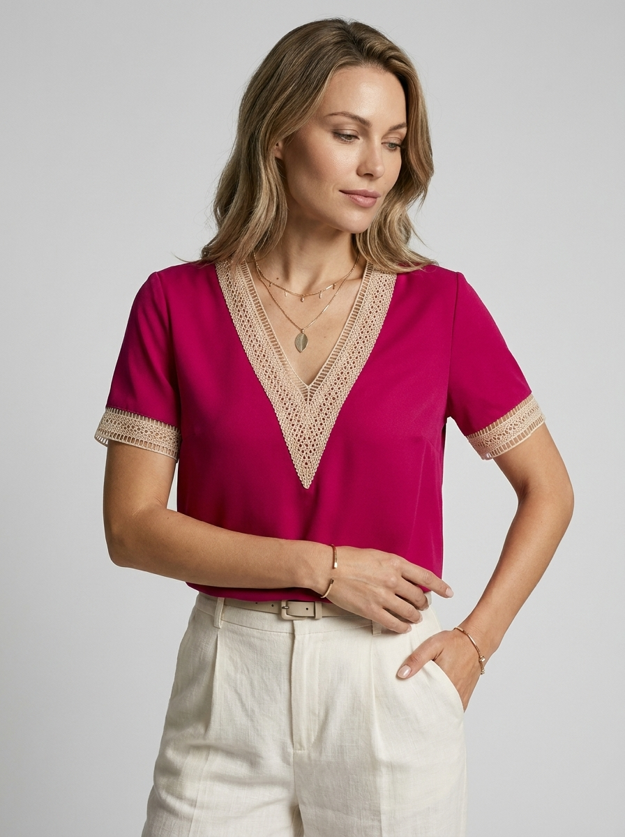 Leah | Elegant V-Hals Bluse Med Blondedetaljer