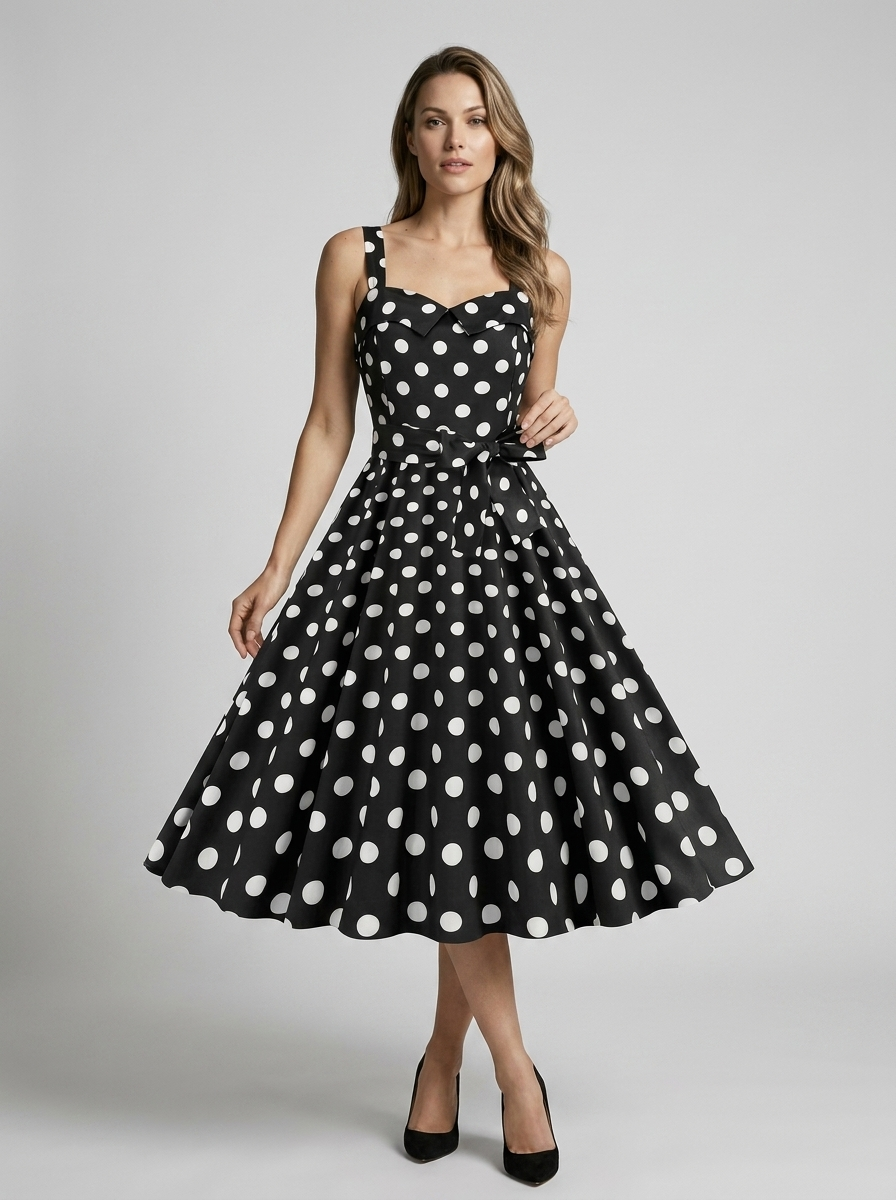 Rosalie | Vintage Prikket Midi Kjole Med Feminint Snit