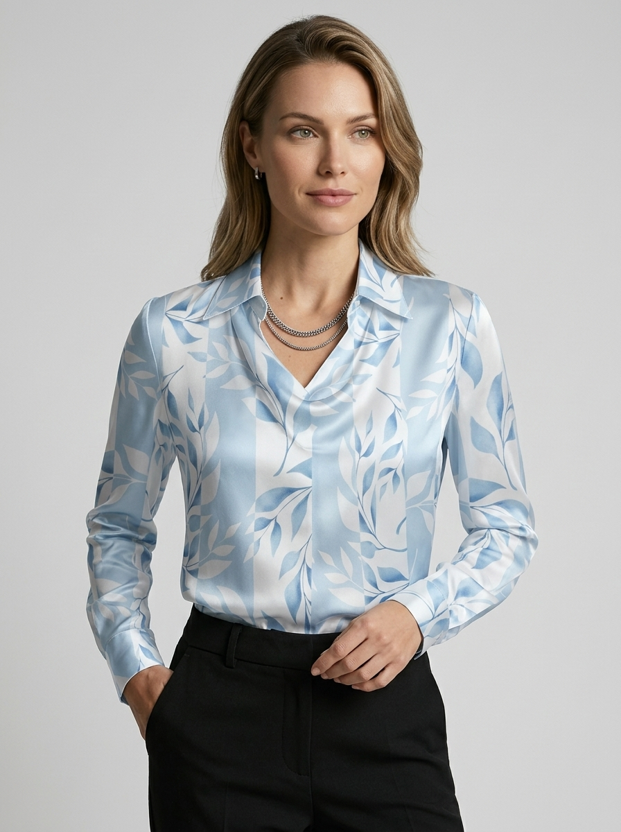 Seraphine | Satin Bluse med Vandfaldshals og Lange Ærmer