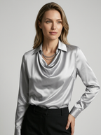 Seraphine | Satin Bluse med Vandfaldshals og Lange Ærmer