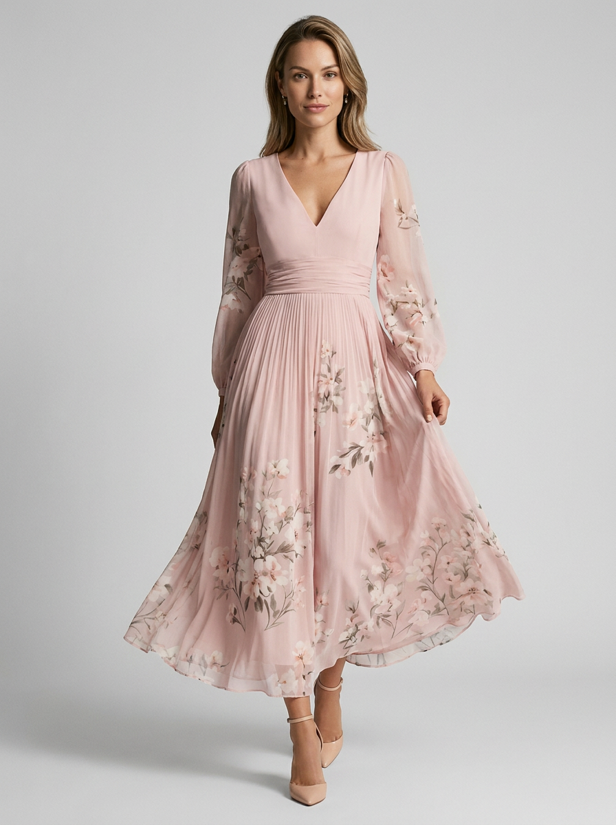 Isabella | Elegant Blomstret Maxi Kjole Med Plisseret Nederdel