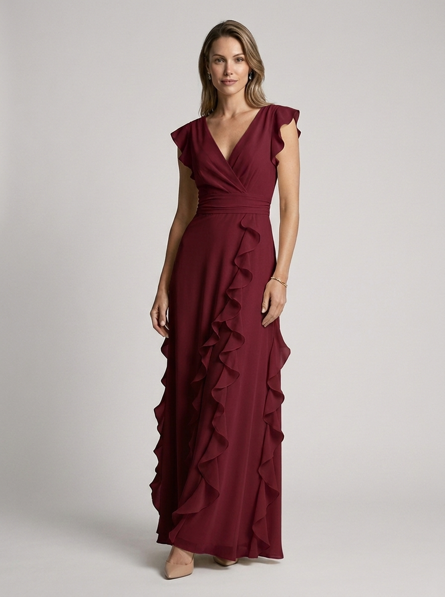 Seraphina | Elegant Maxi Kjole Med Flæser Og Dyb V-Udskæring