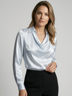 Seraphine | Satin Bluse med Vandfaldshals og Lange Ærmer