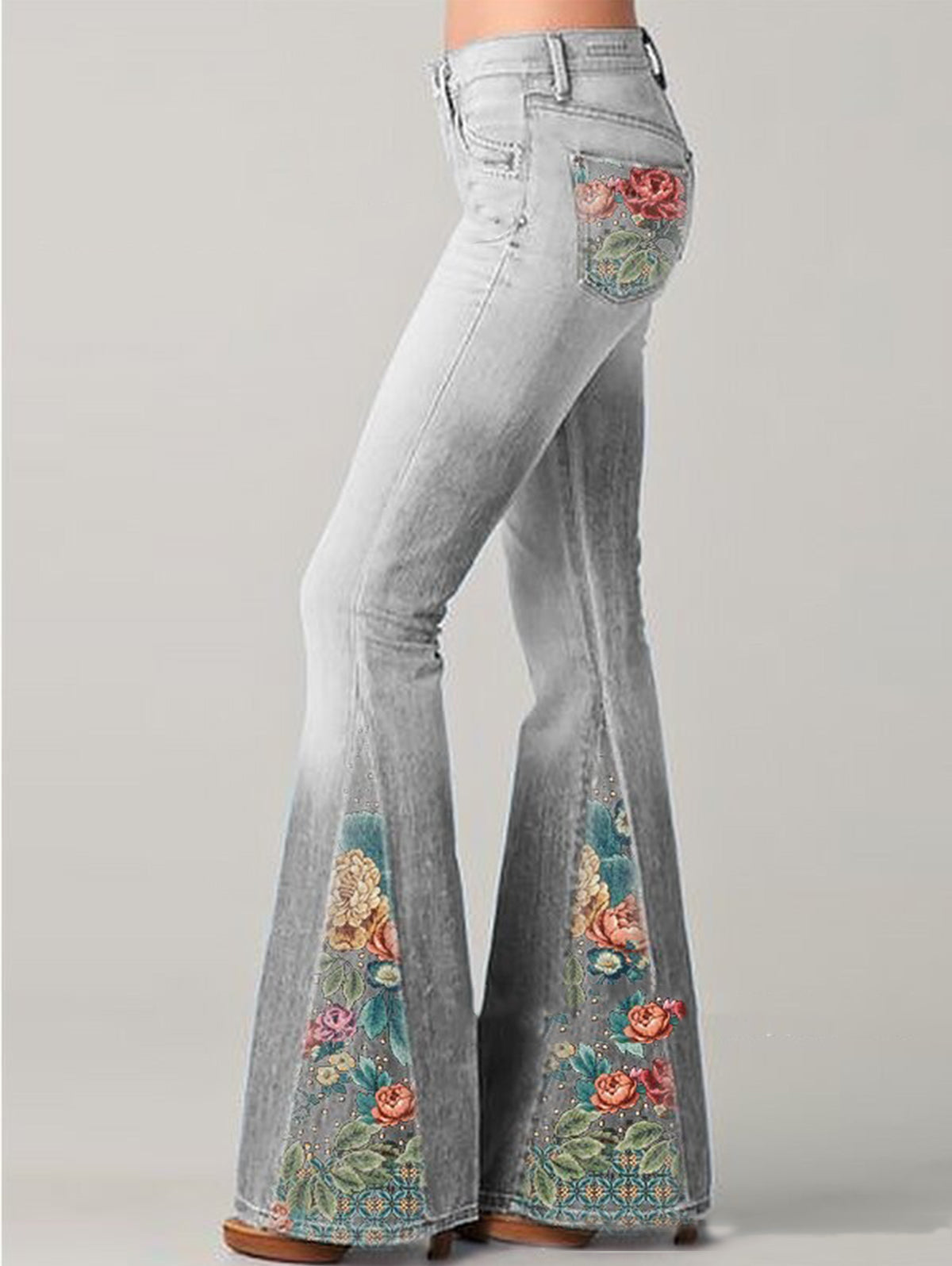 Women's flare jeans in denim with floral embroidery