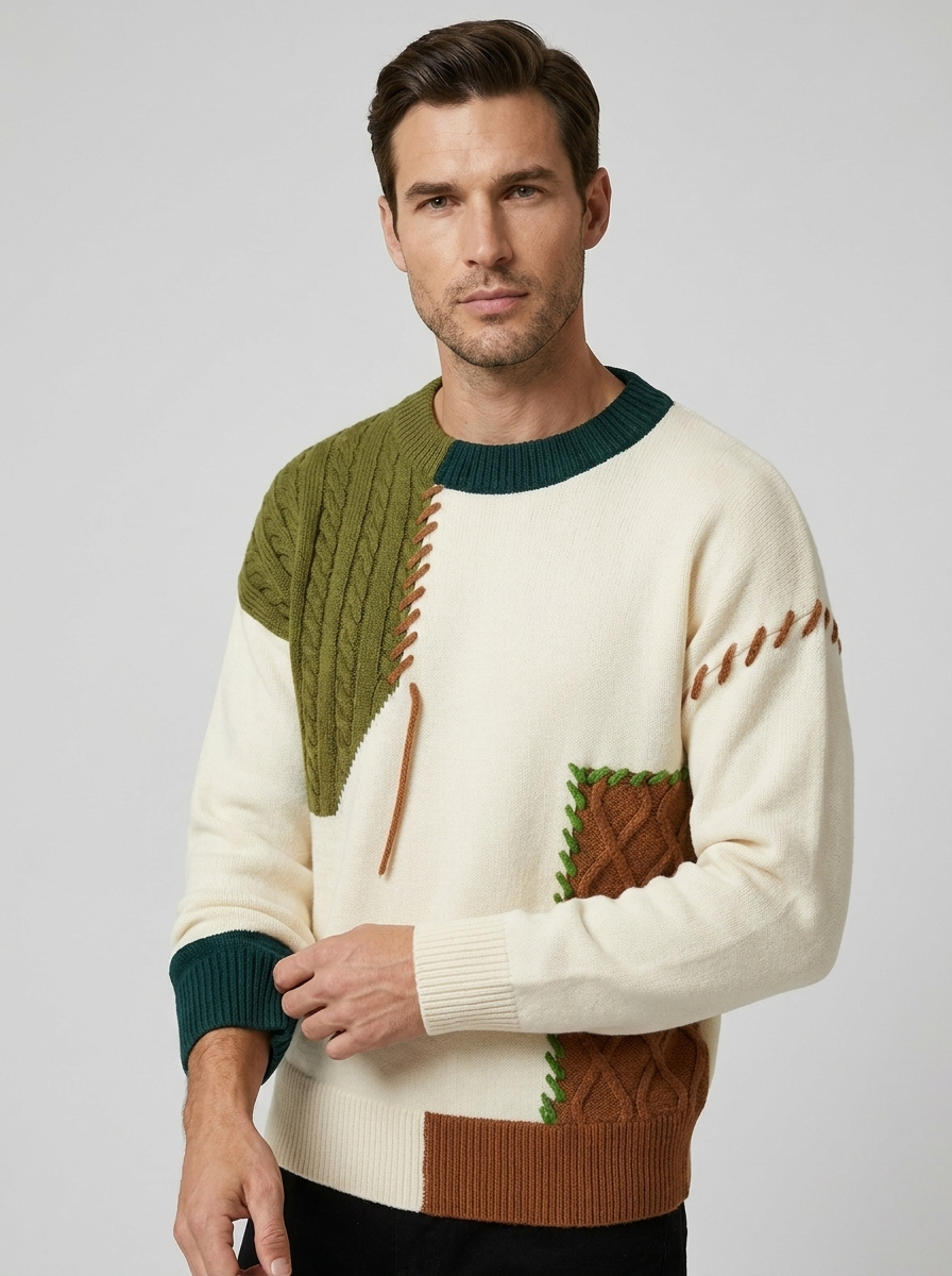 Milo | Patchwork Men's Sweater with Cable-Knit Pattern