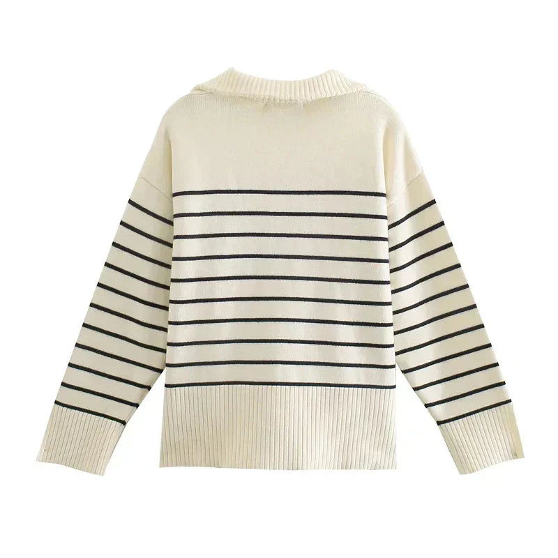 Isabelle™ | Maglione vintage chic da donna con mezza cerniera e classiche righe