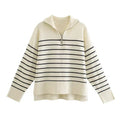 Isabelle™ | Damer Vintage Chic Strik Half-Zip Trøje med Klassiske Striber