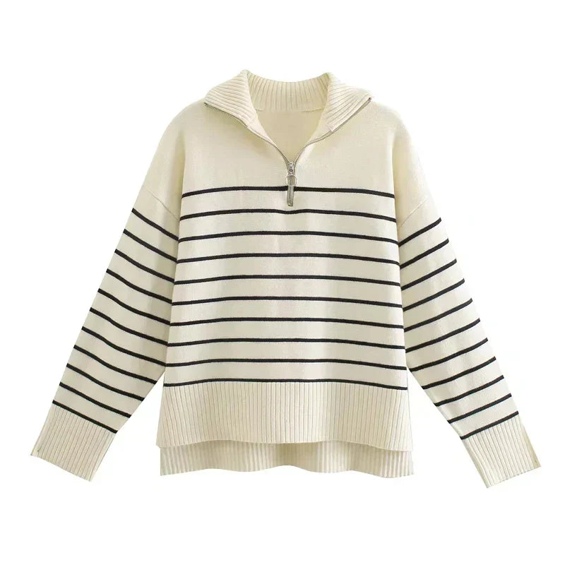 Isabelle™ | Maglione vintage chic da donna con mezza cerniera e classiche righe