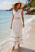 Sera | Blonde Maxi Kjole Damer | Boheme Sommerkjole med Gyldne Broderier, V-Hals og Uigennemsigtig Underskørt