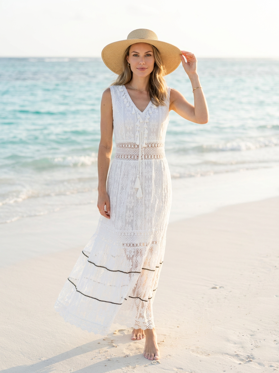 Sera | Blonde Maxi Kjole Damer | Boheme Sommerkjole med Gyldne Broderier, V-Hals og Uigennemsigtig Underskørt