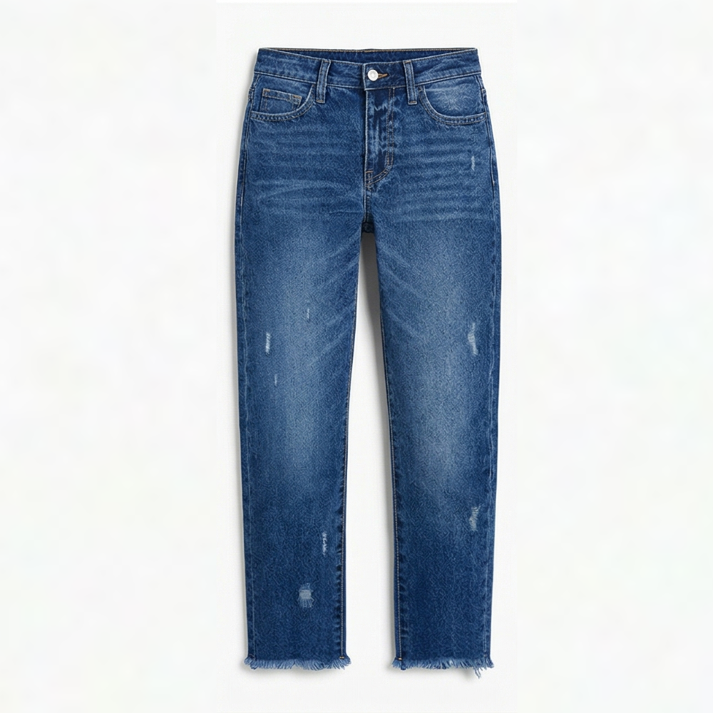 Damejeans med lige ben, høj talje, cropped længde og frynsekant