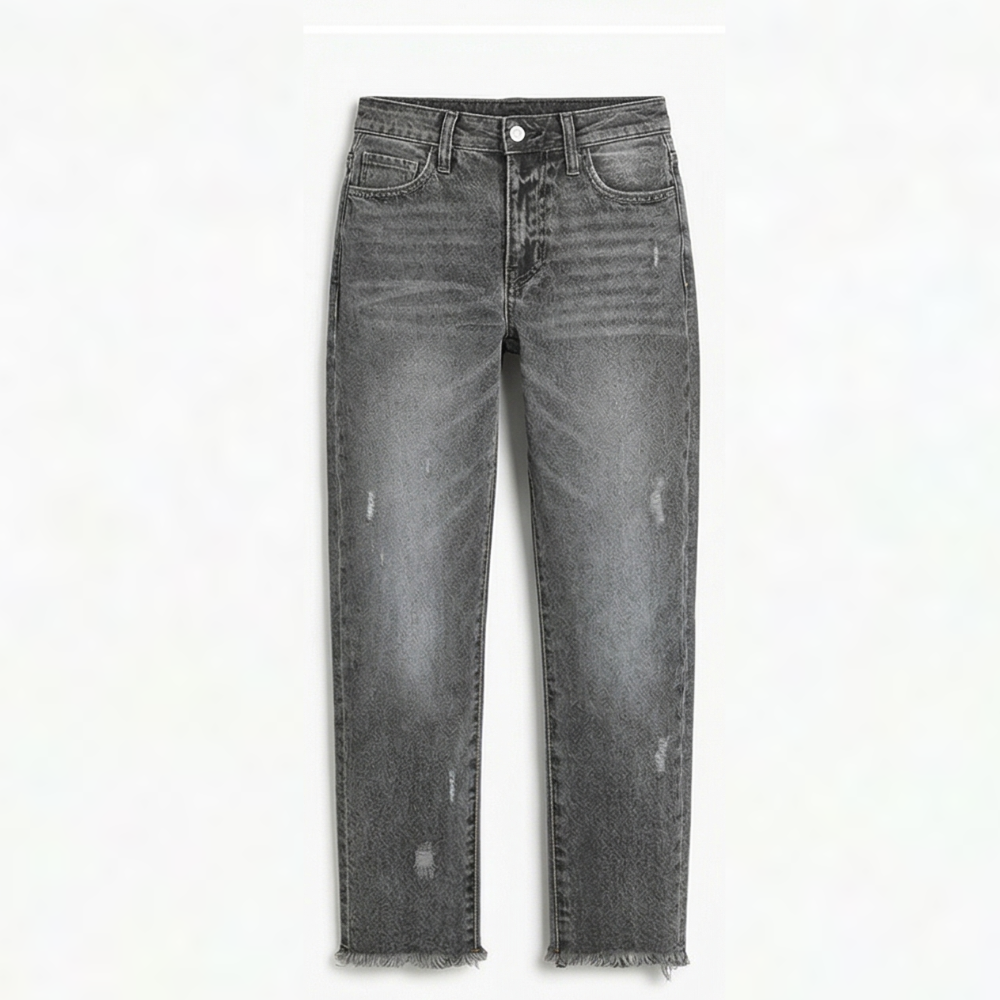 Damejeans med lige ben, høj talje, cropped længde og frynsekant