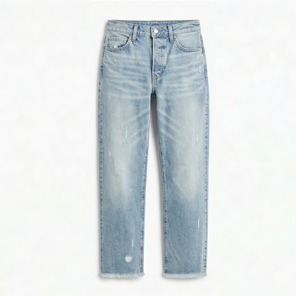 Damejeans med lige ben, høj talje, cropped længde og frynsekant