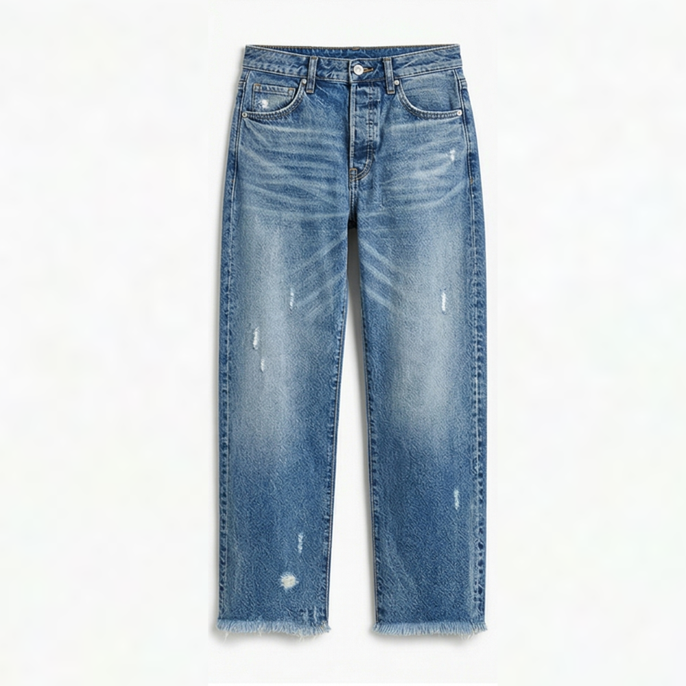 Damejeans med lige ben, høj talje, cropped længde og frynsekant