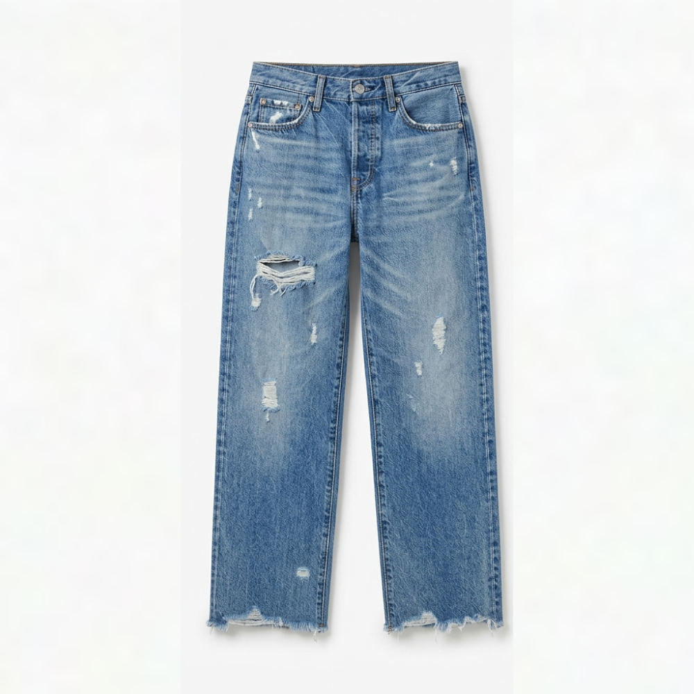 Damejeans med lige ben, høj talje, cropped længde og frynsekant