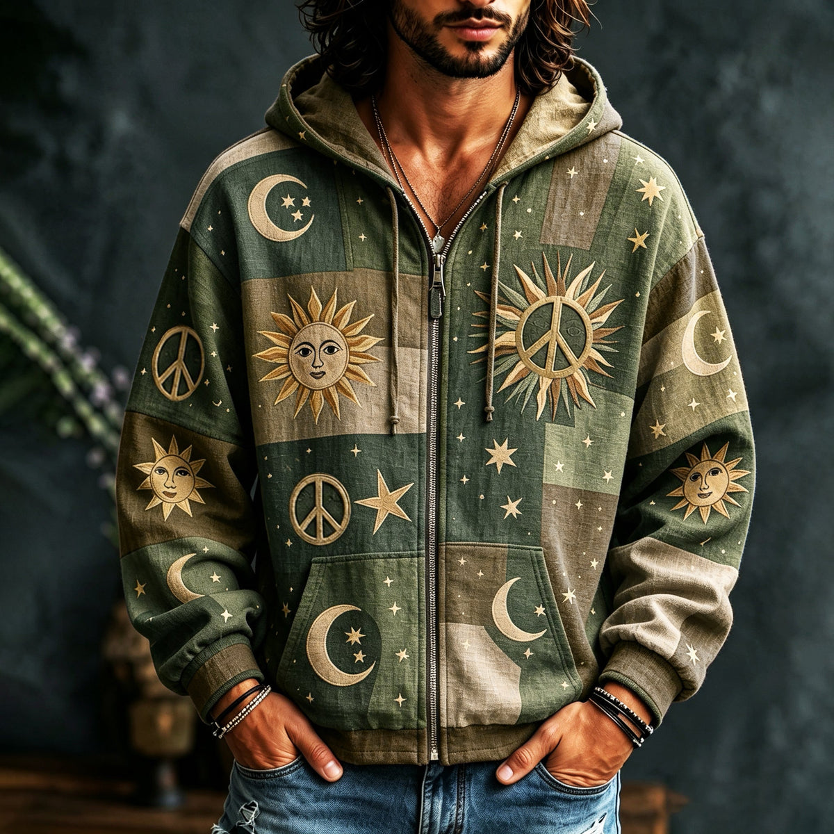 Herrehoodie med lynlås, flerfarvet patchwork og sol-, måne- og stjernemotiver