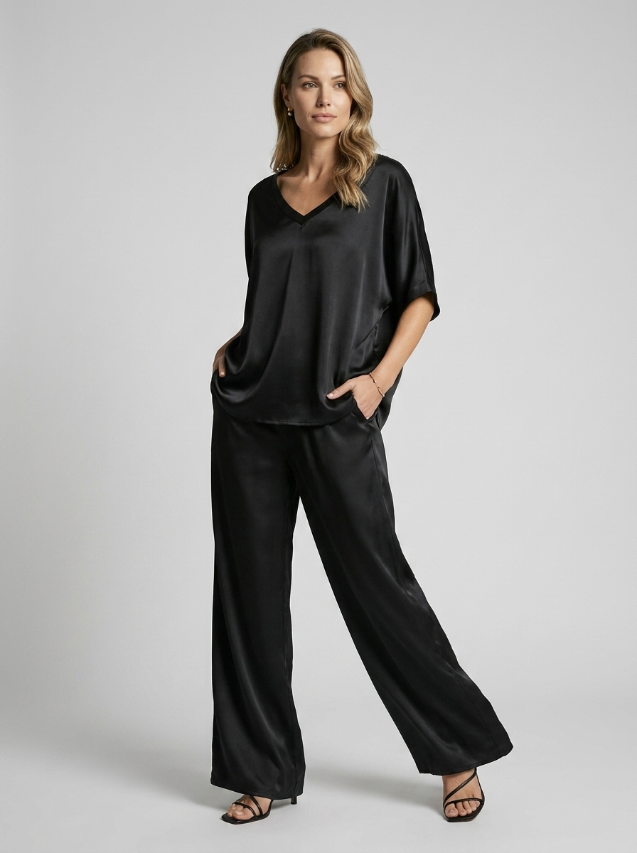 Selene | Satin Lounge Sæt med Wide-Leg Bukser