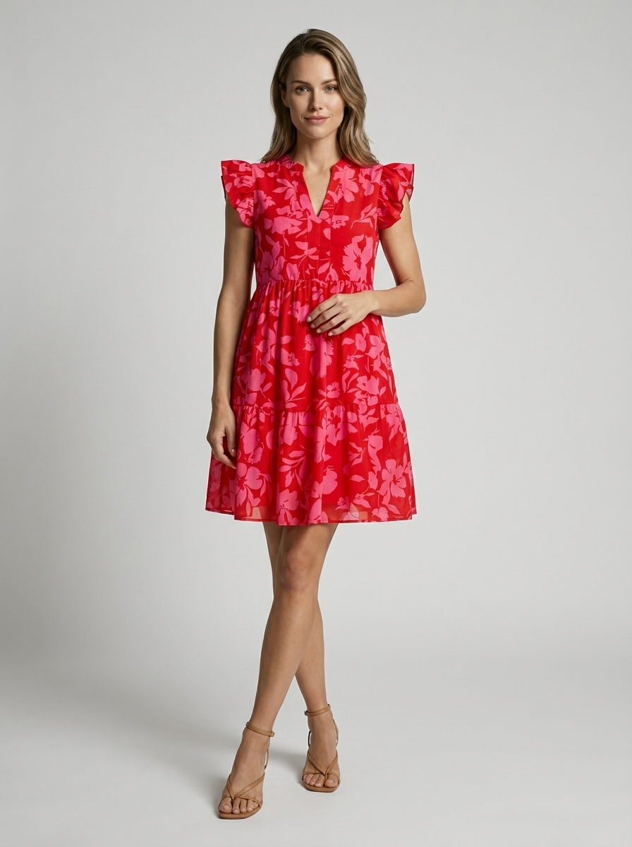 Roselia | Vestido corto de verano con estampado floral y mangas con volantes