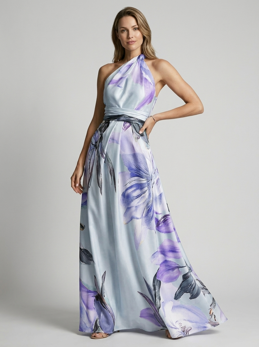 Selestia | Abito Maxi Asimmetrico con Stampa Floreale