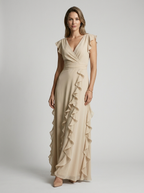 Seraphina | Elegant Maxi Kjole Med Flæser Og Dyb V-Udskæring