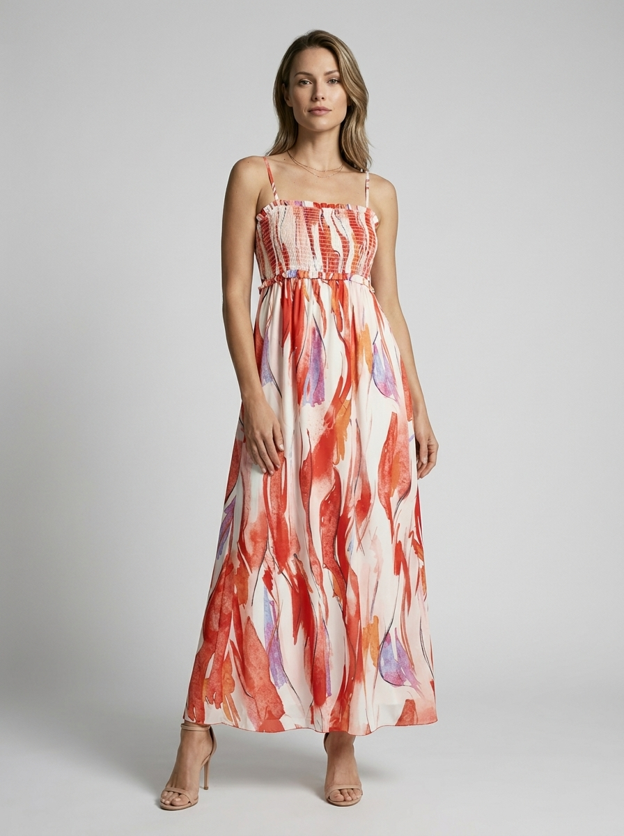 Marbella | Blomstret Maxi Kjole Med Slids Og Smock Overdel