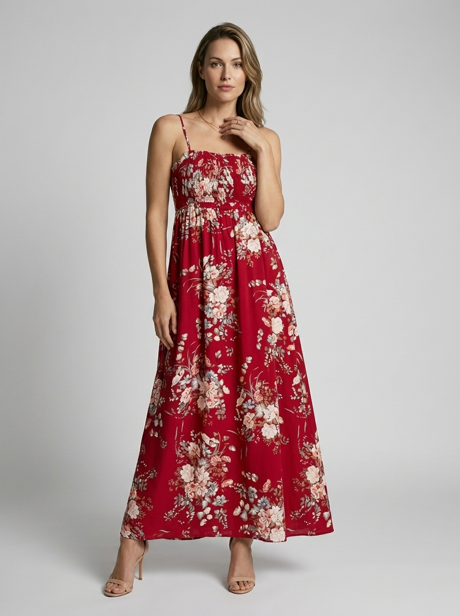 Marbella | Blomstret Maxi Kjole Med Slids Og Smock Overdel
