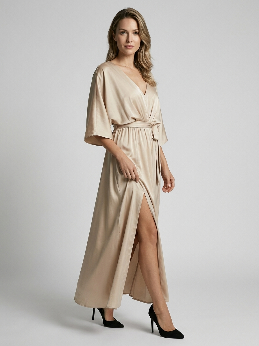 Celestia | Vestido maxi elegante con abertura y cinturón