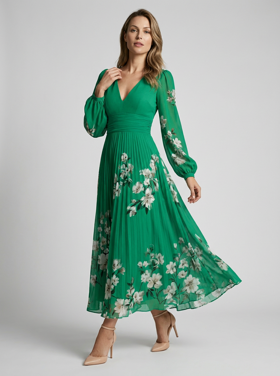Isabella | Elegant Blomstret Maxi Kjole Med Plisseret Nederdel