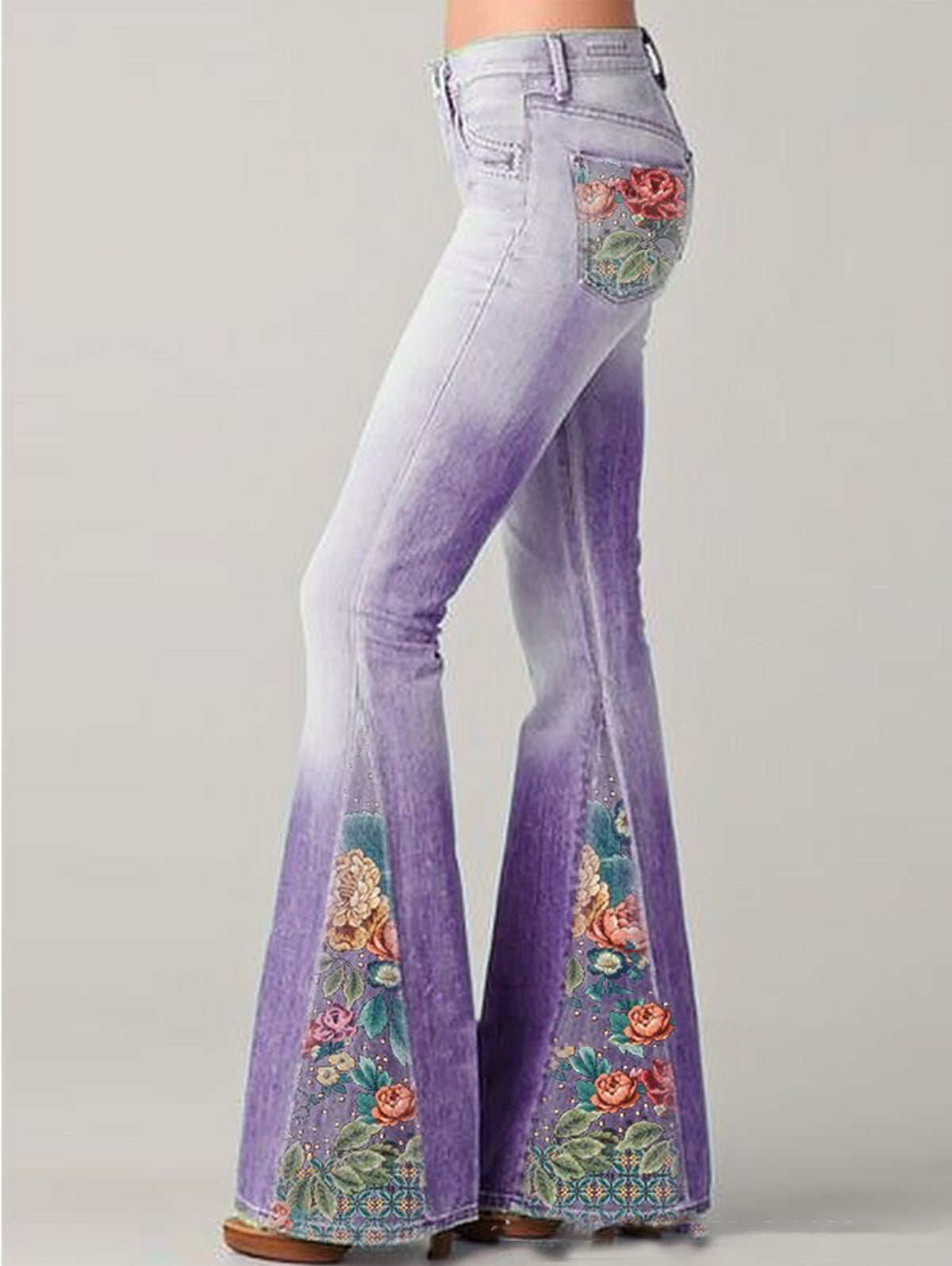 Women's flare jeans in denim with floral embroidery