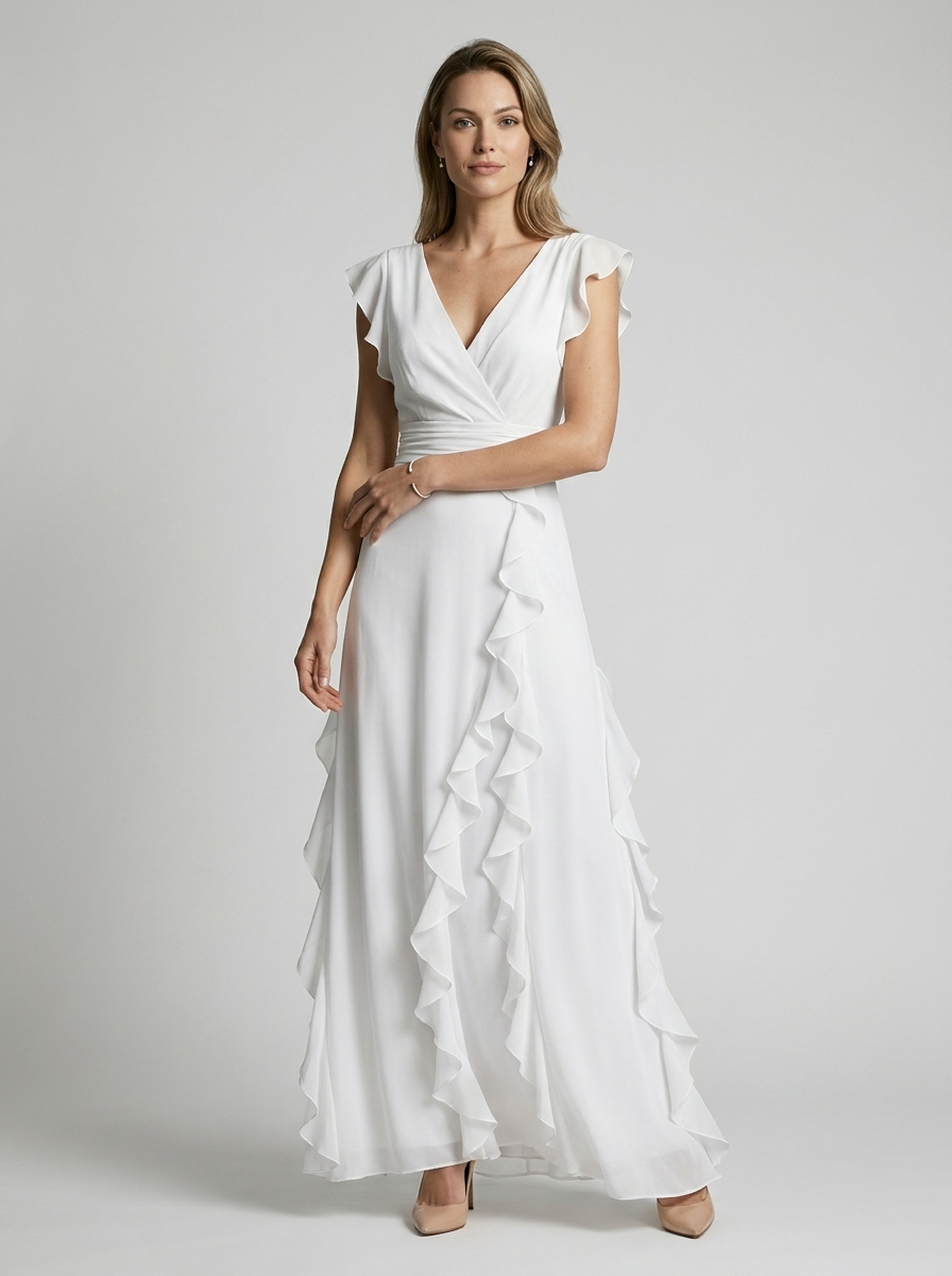Seraphina | Elegant Maxi Kjole Med Flæser Og Dyb V-Udskæring