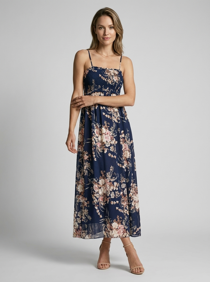Marbella | Blomstret Maxi Kjole Med Slids Og Smock Overdel