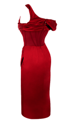 Rosalia | Rød Off-Shoulder Corset Midi Kjole Med Slids
