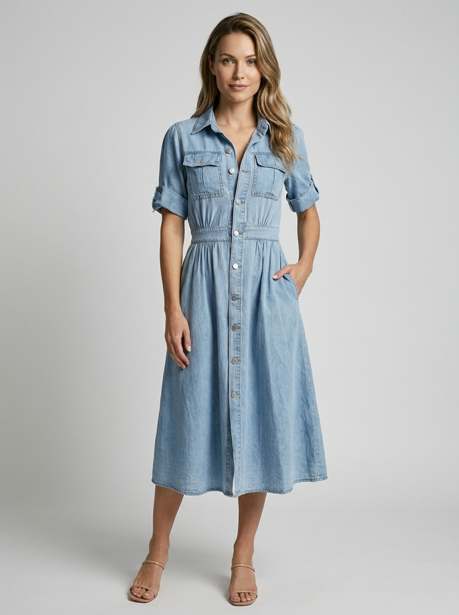 Lunara | Abito denim a linea A con chiusura a bottoni