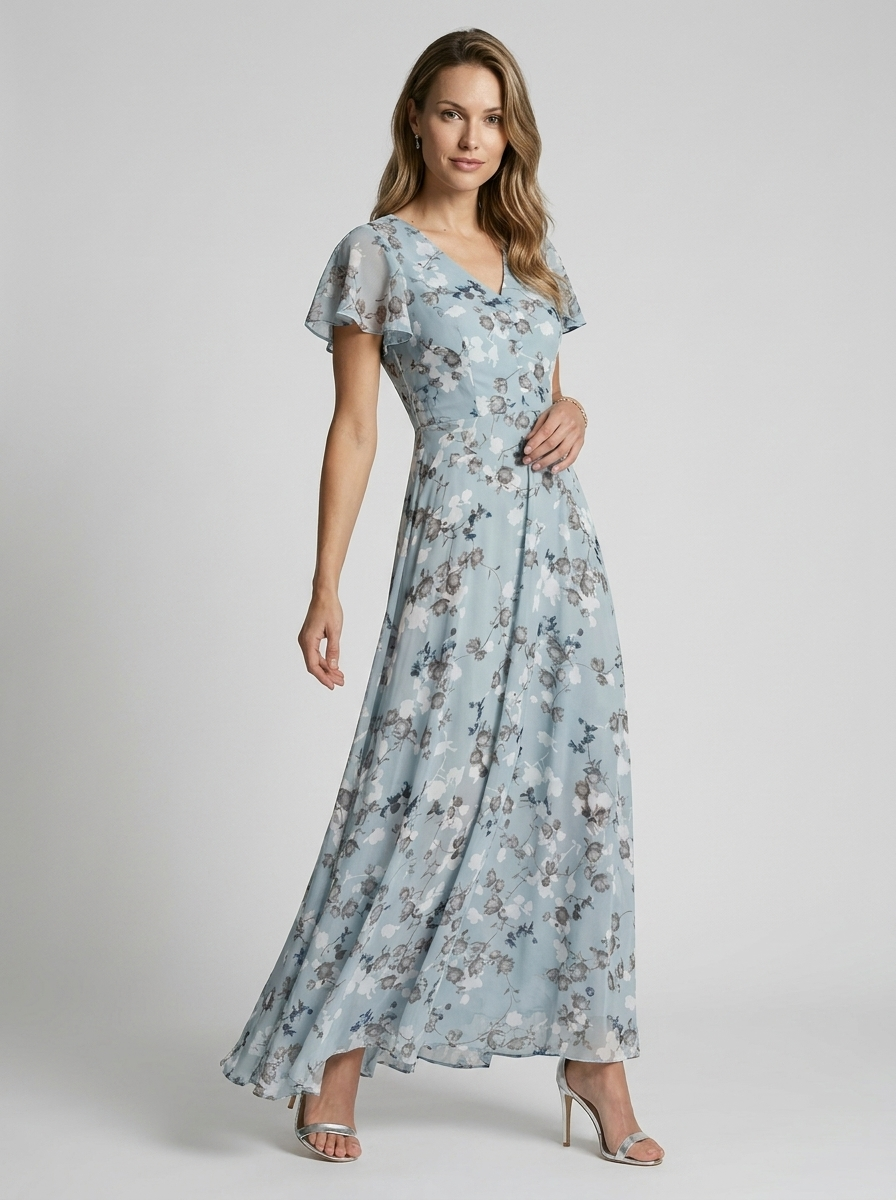 Celeste | Abito lungo floreale con leggero effetto chiffon