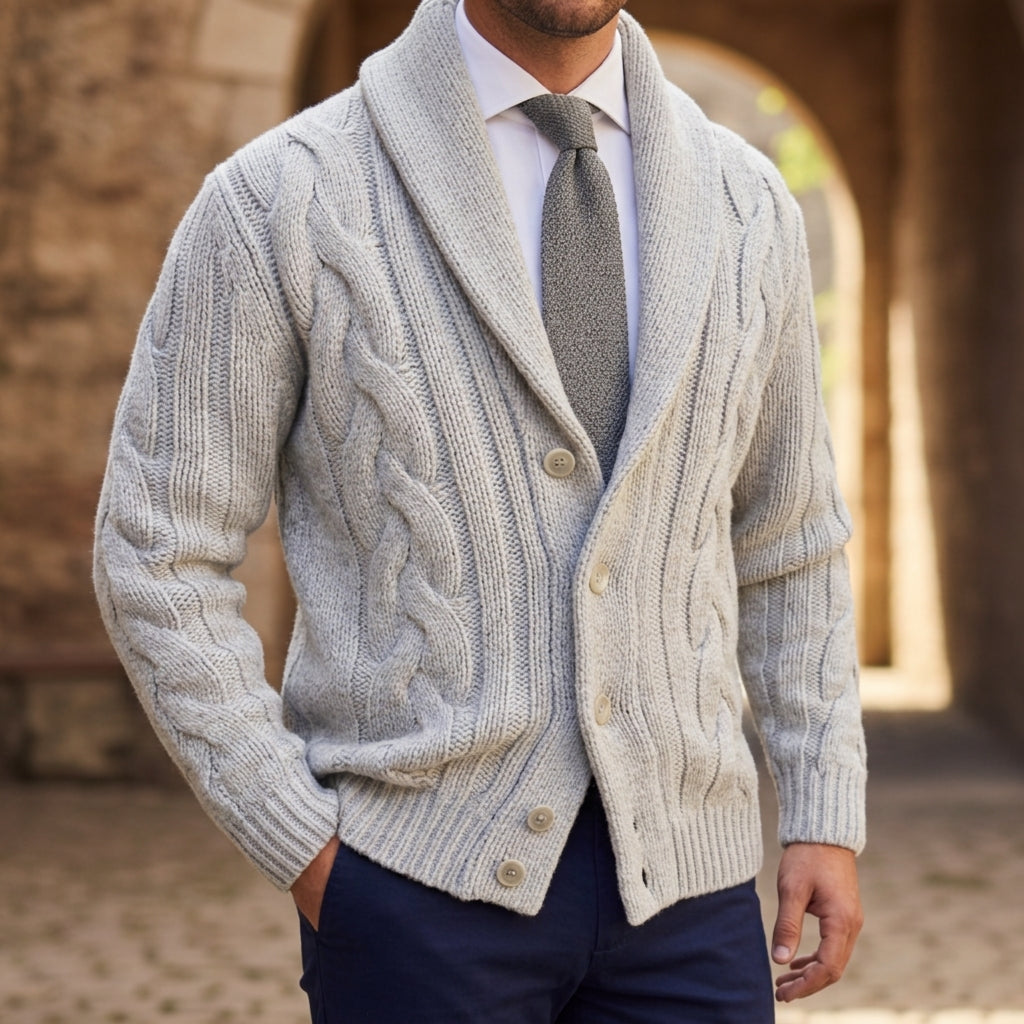 Tristan | Herre kabelstrikket cardigan med sjalskrave