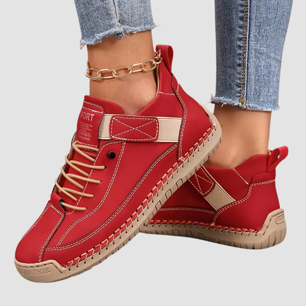 Damesneakers med snørebånd, høj model, kontrastsømme og flad profileret sål