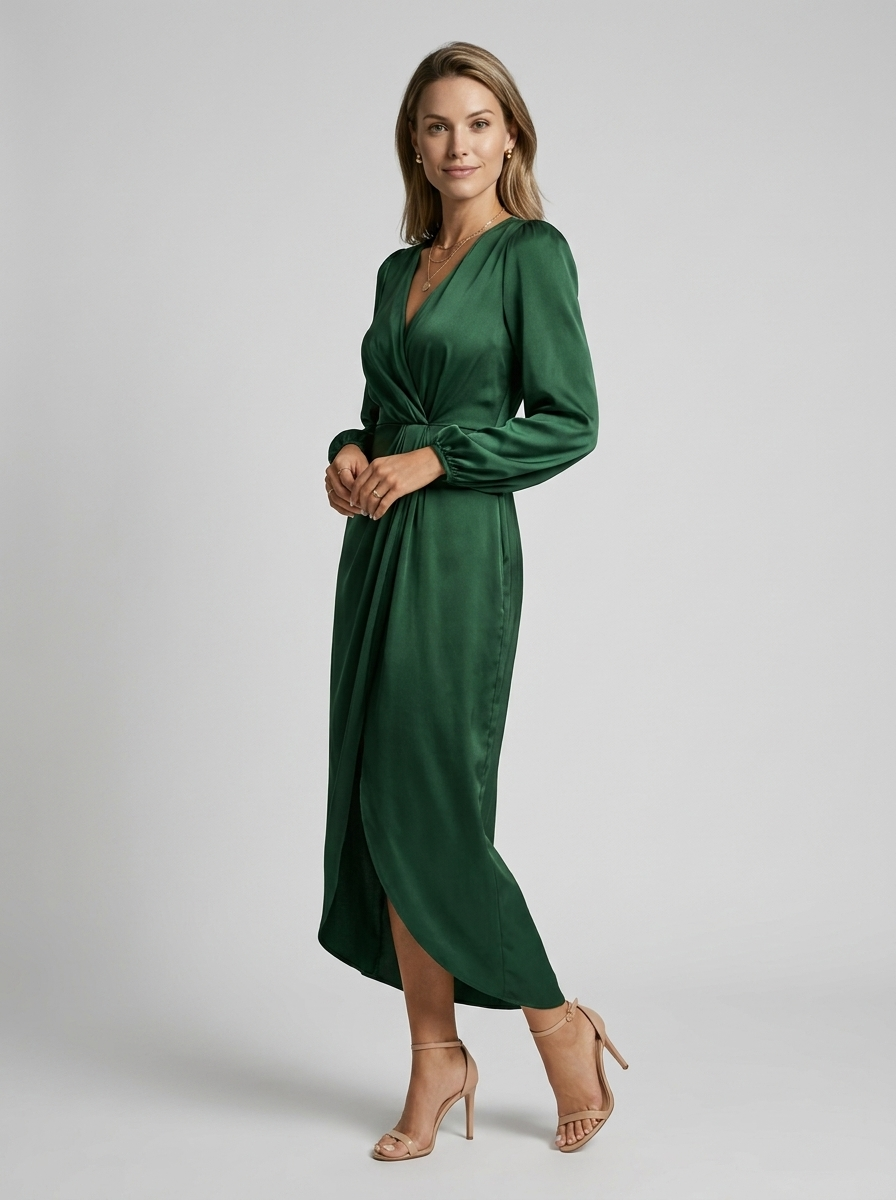 Arabella | Elegant Midikjole Med V-Udskæring & Draperet Slids