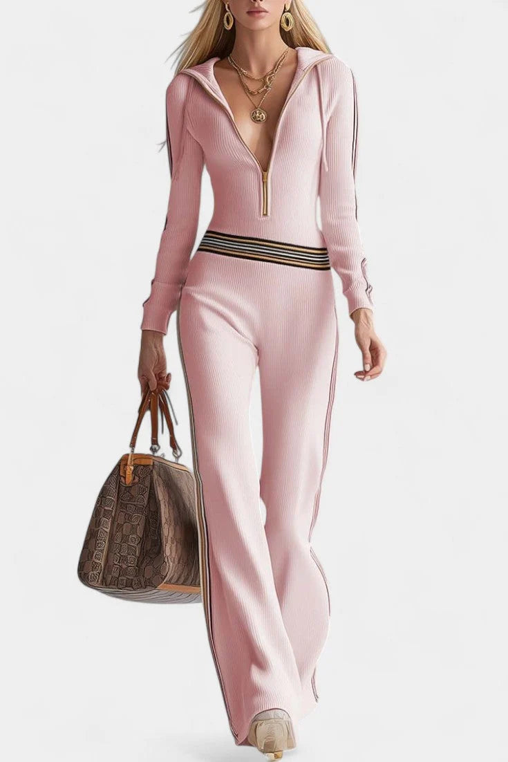 Sienna | Dame Retro sporty mørkeblå strikjumpsuit med hætte, lynlås og V-udskæring