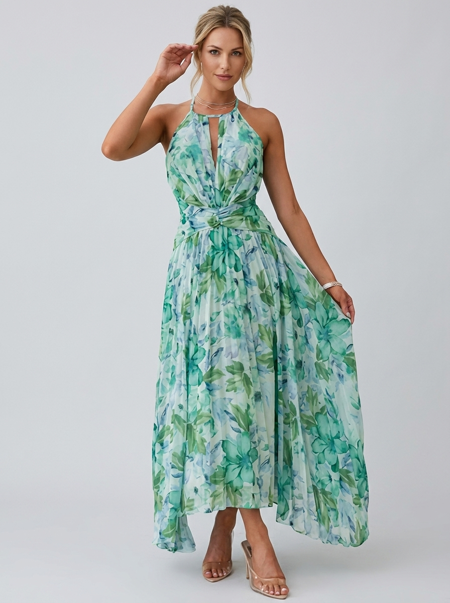 Julia | Plisseret Midikjole Med Halterneck Og Blomsterprint