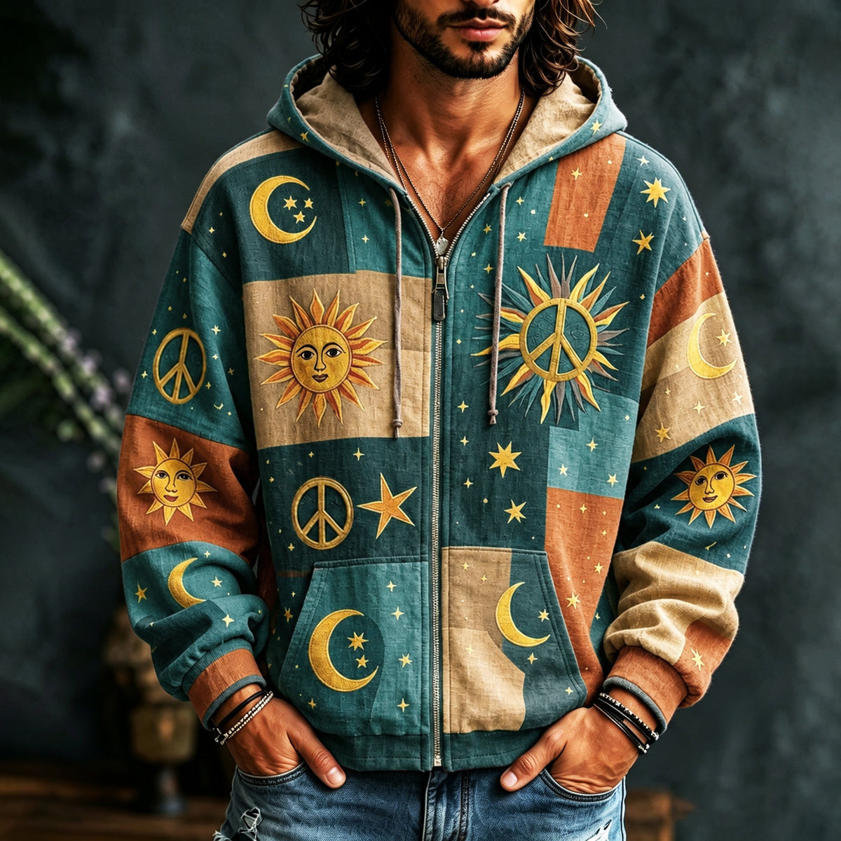 Herrehoodie med lynlås, flerfarvet patchwork og sol-, måne- og stjernemotiver