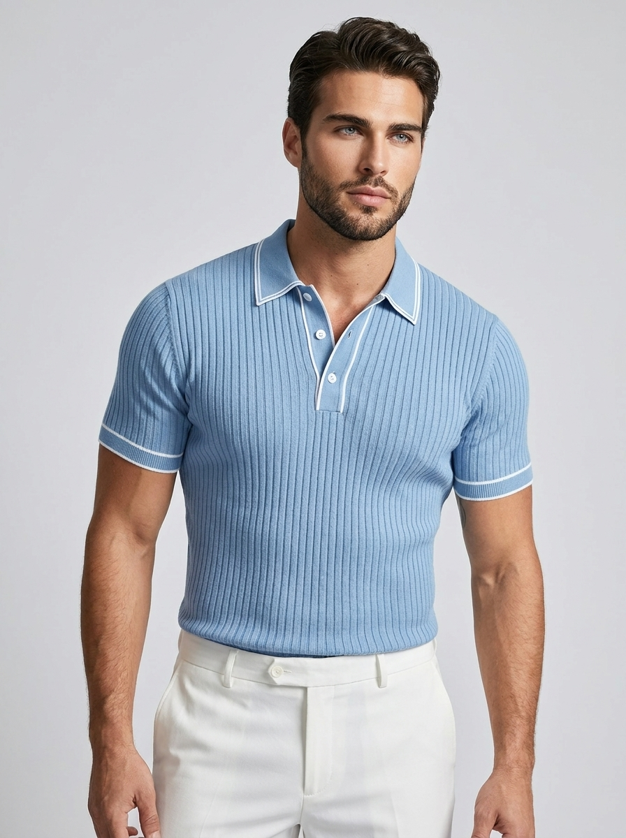 Valerio | Ribstrikket Polo T-Shirt Med Kontrastdetaljer