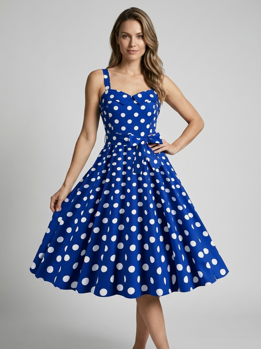 Rosalie | Vintage Prikket Midi Kjole Med Feminint Snit