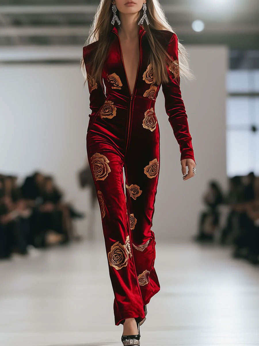 Alma | Women's Floral Velour Jumpsuit