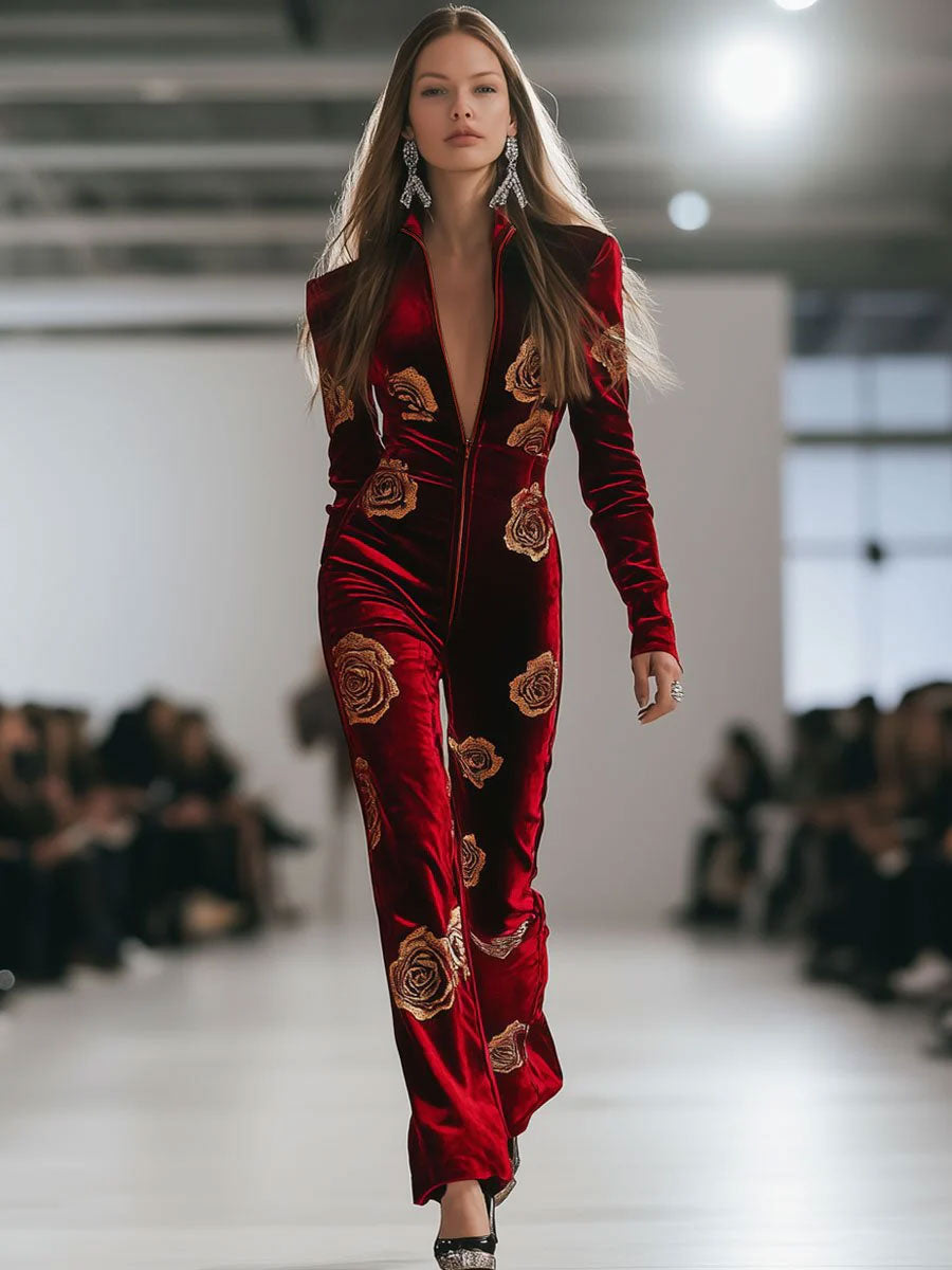 Alma | Women's Floral Velour Jumpsuit